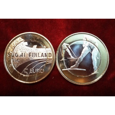 Монета 5 евро 2016 г. Финляндия "Катание на лыжах".